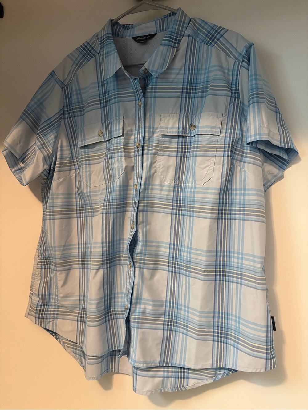 Eddie Bauer Light Blue and White Plaid Short-Sleeve Button-Down